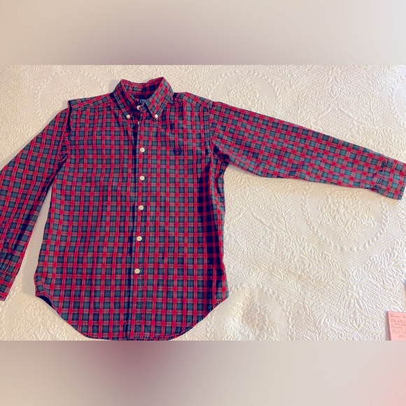 Chaps Boys Sz M (12-14) cotton button down collared shirt Red Green Black - Picture 1 of 3